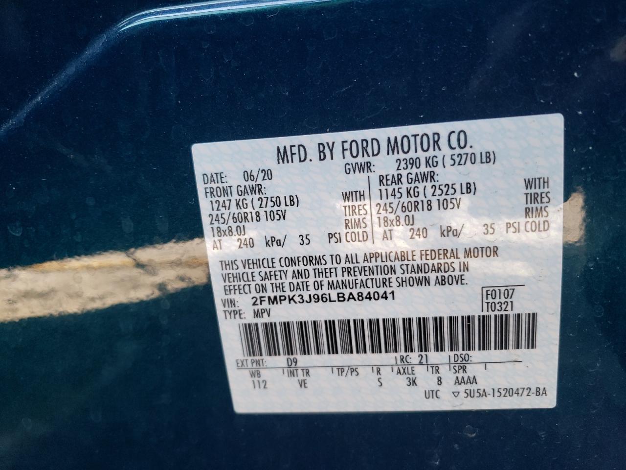 Photo 10 from auction – 2020 FORD EDGE SEL with VIN 2FMPK3J96LBA84041