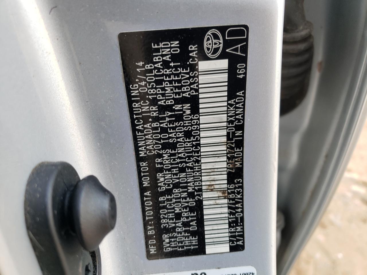 Photo 10 from auction – 2014 TOYOTA COROLLA L with VIN 2T1BURHE2EC150996