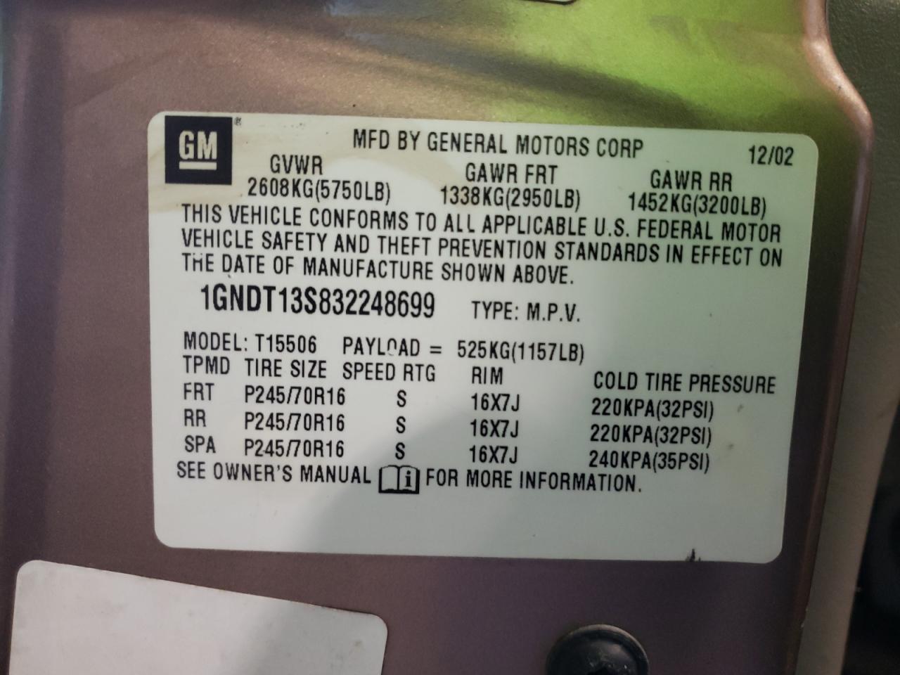 Photo 10 from auction – 2003 CHEVROLET TRAILBLAZE with VIN 1GNDT13S832248699