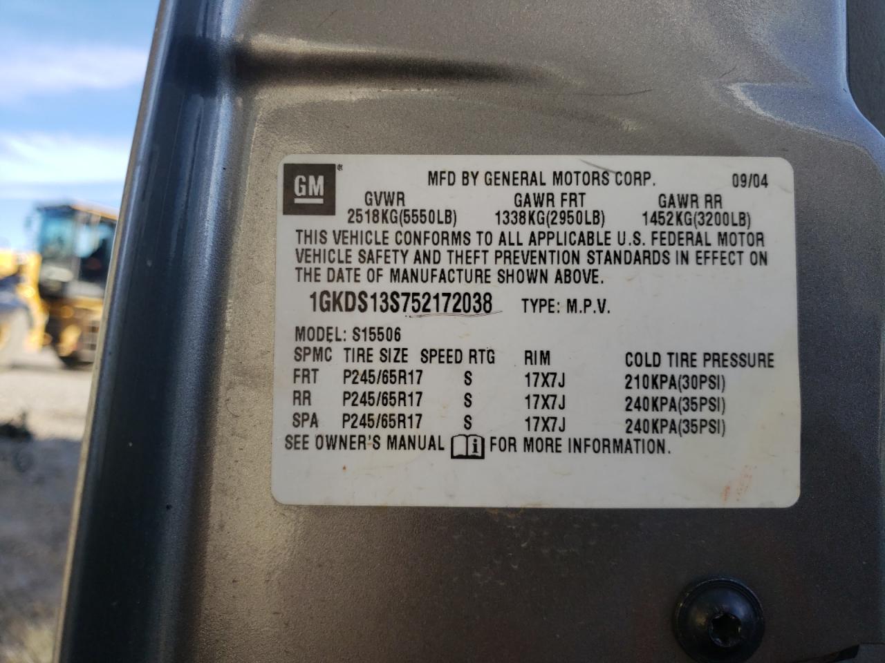 Photo 10 from auction – 2005 GMC ENVOY with VIN 1GKDS13S752172038