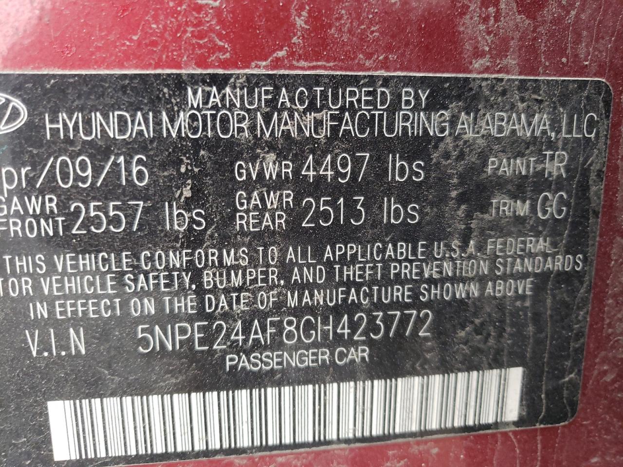 Photo 10 from auction – 2016 HYUNDAI SONATA SE with VIN 5NPE24AF8GH423772