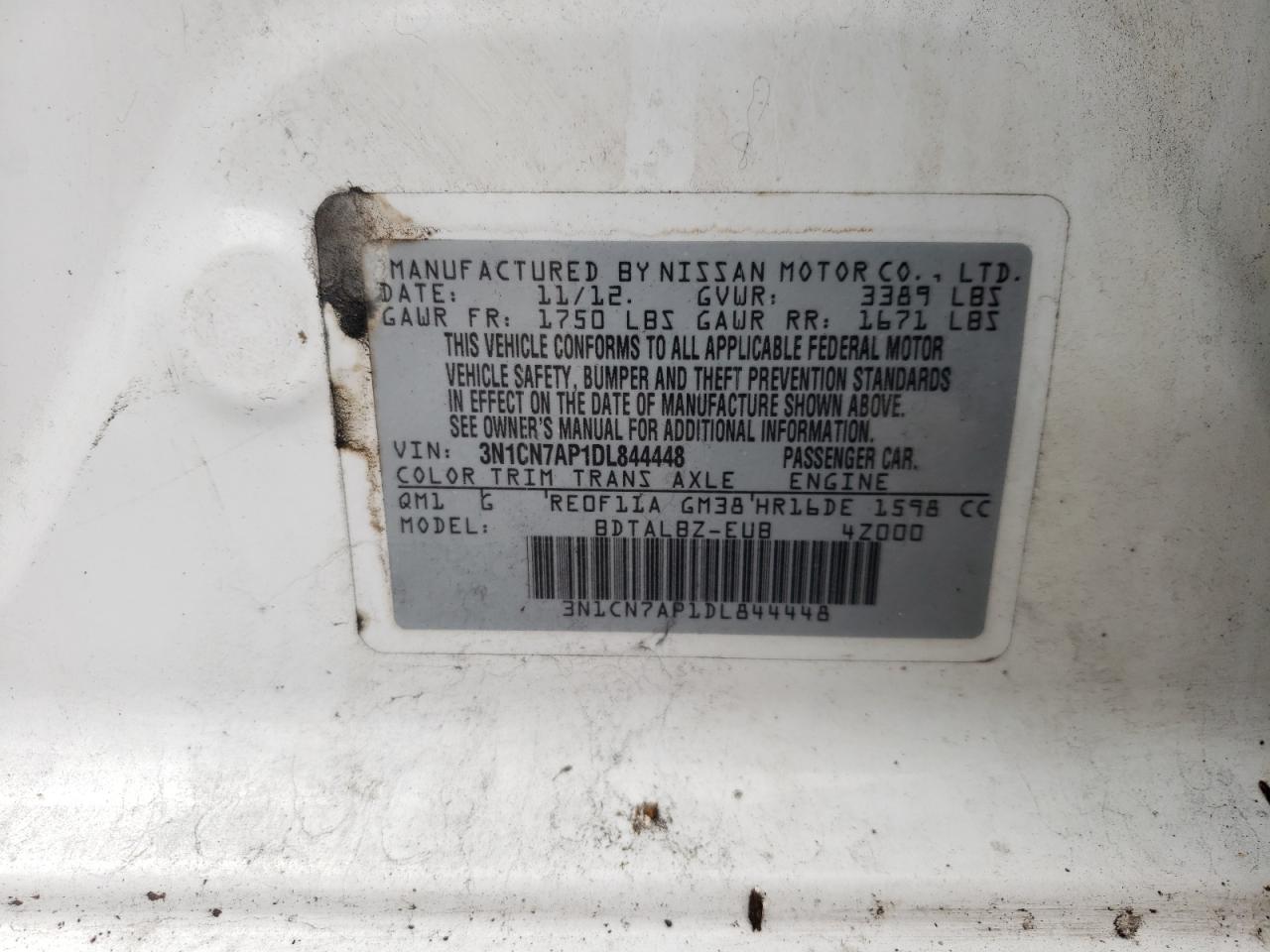 Photo 10 from auction – 2013 NISSAN VERSA S with VIN 3N1CN7AP1DL844448