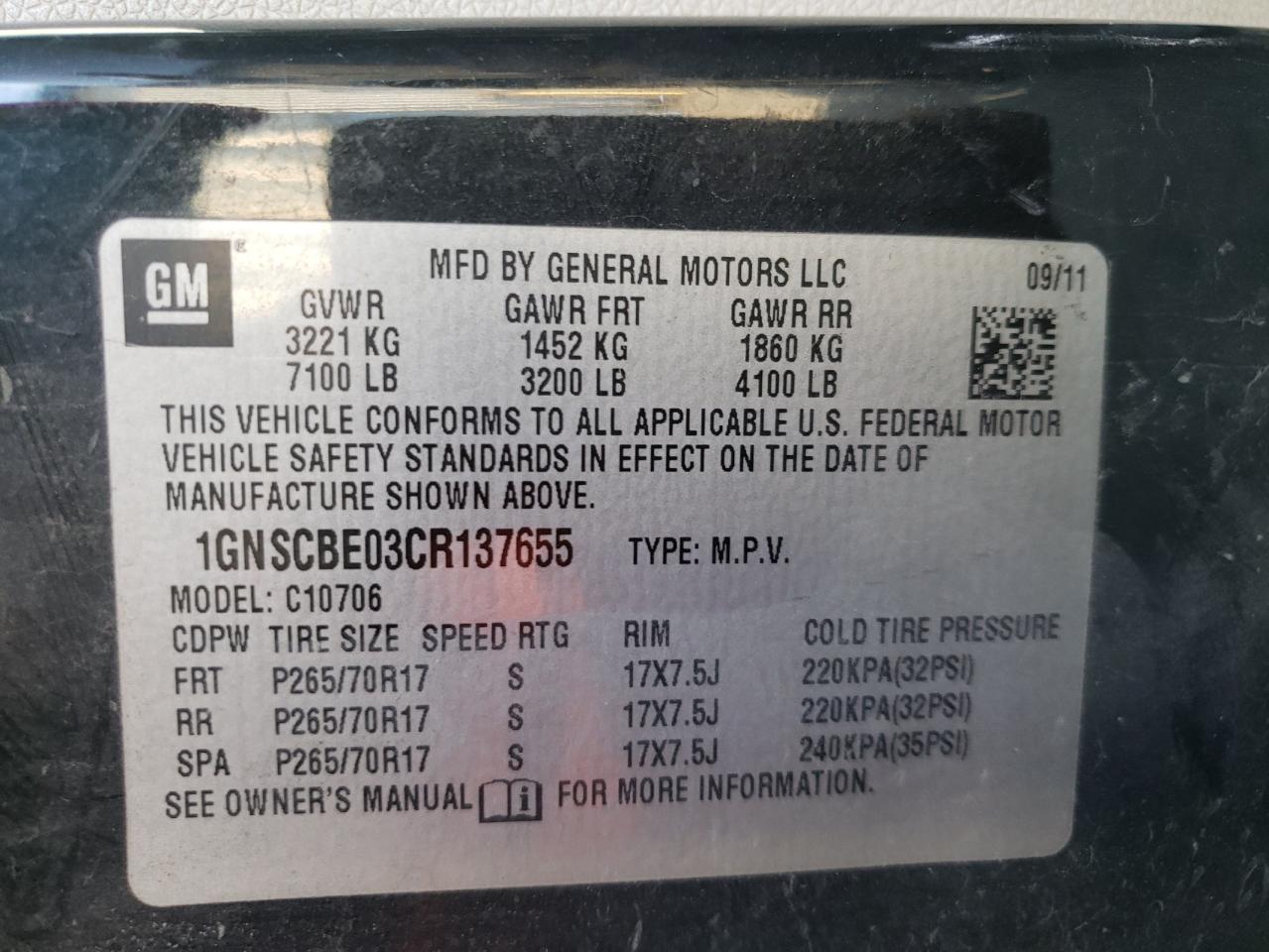 Photo 10 from auction – 2012 CHEVROLET TAHOE C150 with VIN 1GNSCBE03CR137655