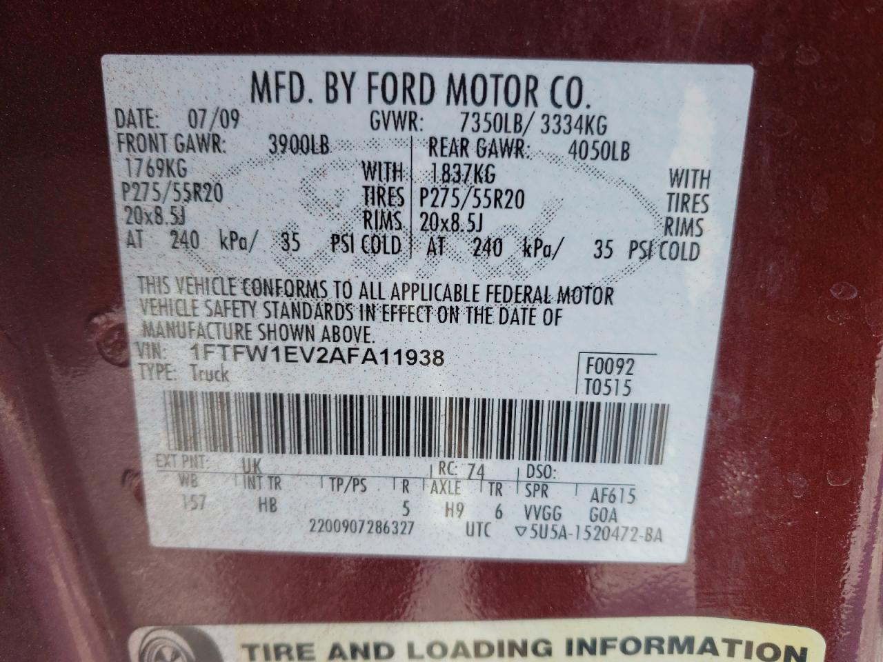 Photo 10 from auction – 2010 FORD F150 SUPER with VIN 1FTFW1EV2AFA11938