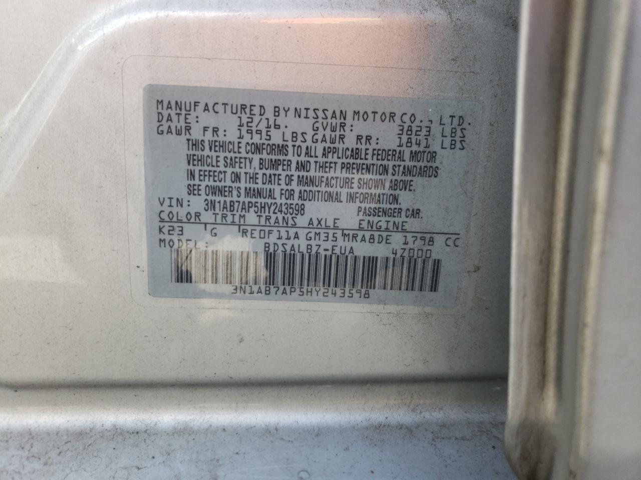 Photo 10 from auction – 2017 NISSAN SENTRA with VIN 3N1AB7AP5HY243598
