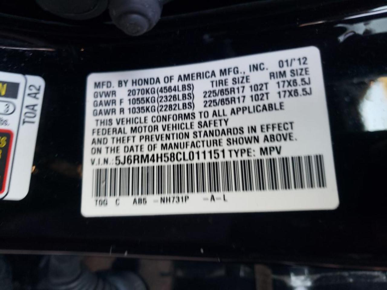 Photo 10 from auction – 2012 HONDA CR-V EX with VIN 5J6RM4H58CL011151