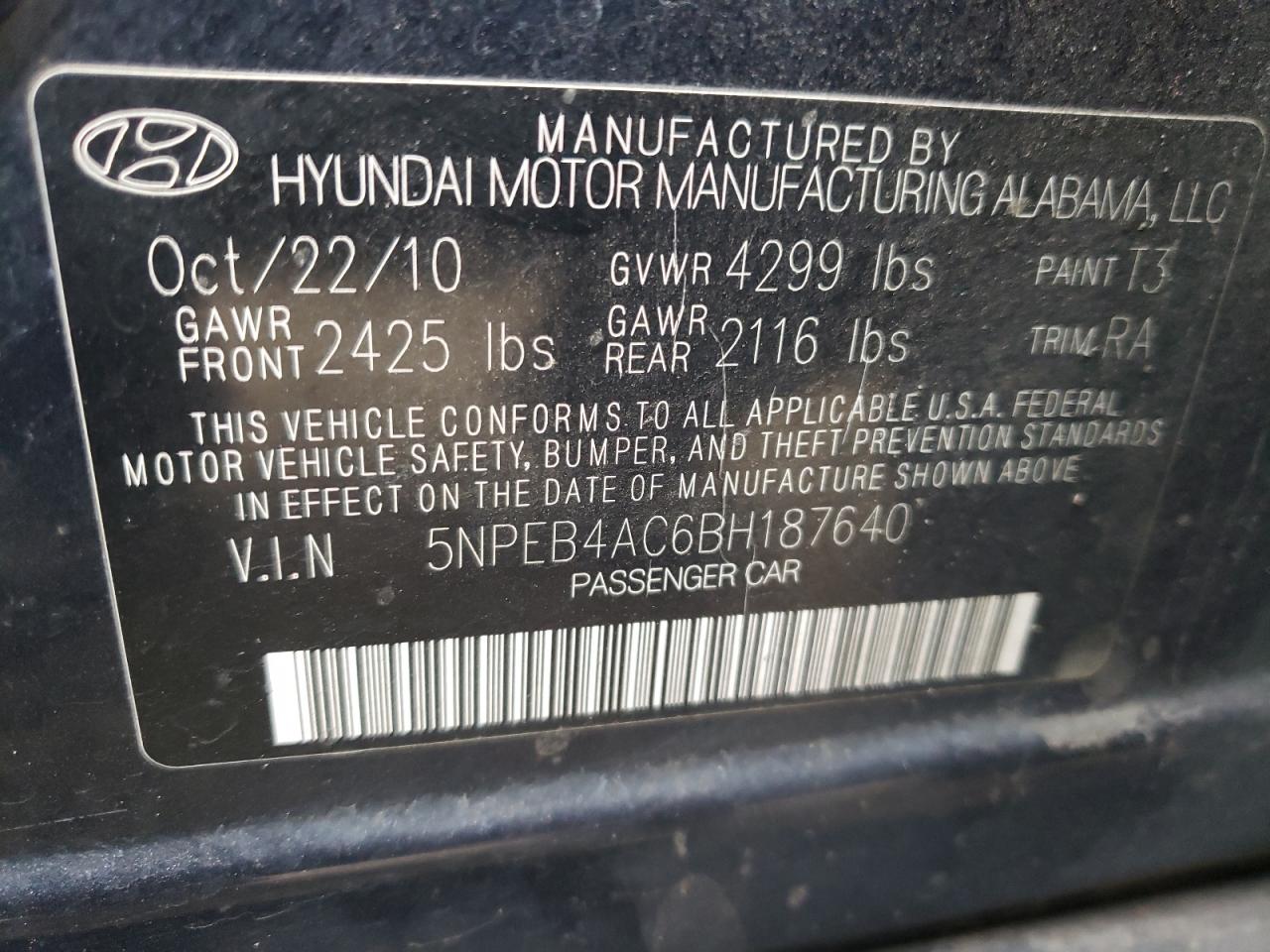 Photo 10 from auction – 2011 HYUNDAI SONATA GLS with VIN 5NPEB4AC6BH187640
