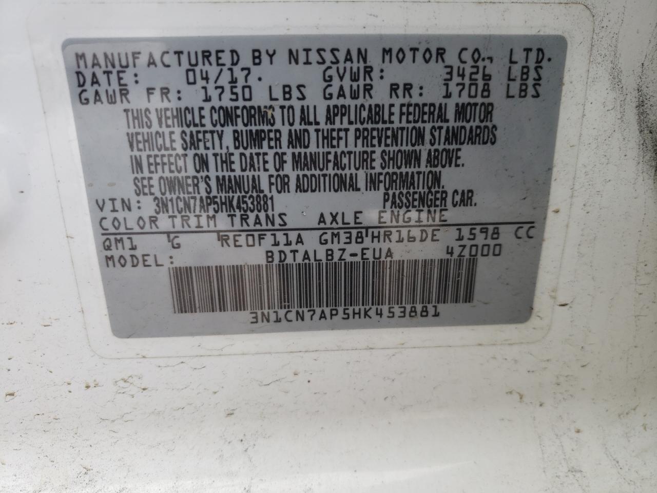 Photo 10 from auction – 2017 NISSAN VERSA S with VIN 3N1CN7AP5HK453881