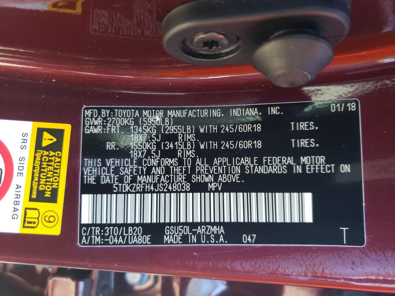 Foto 10 de la subasta – 2018 TOYOTA HIGHLANDER con VIN 5TDKZRFH4JS248038