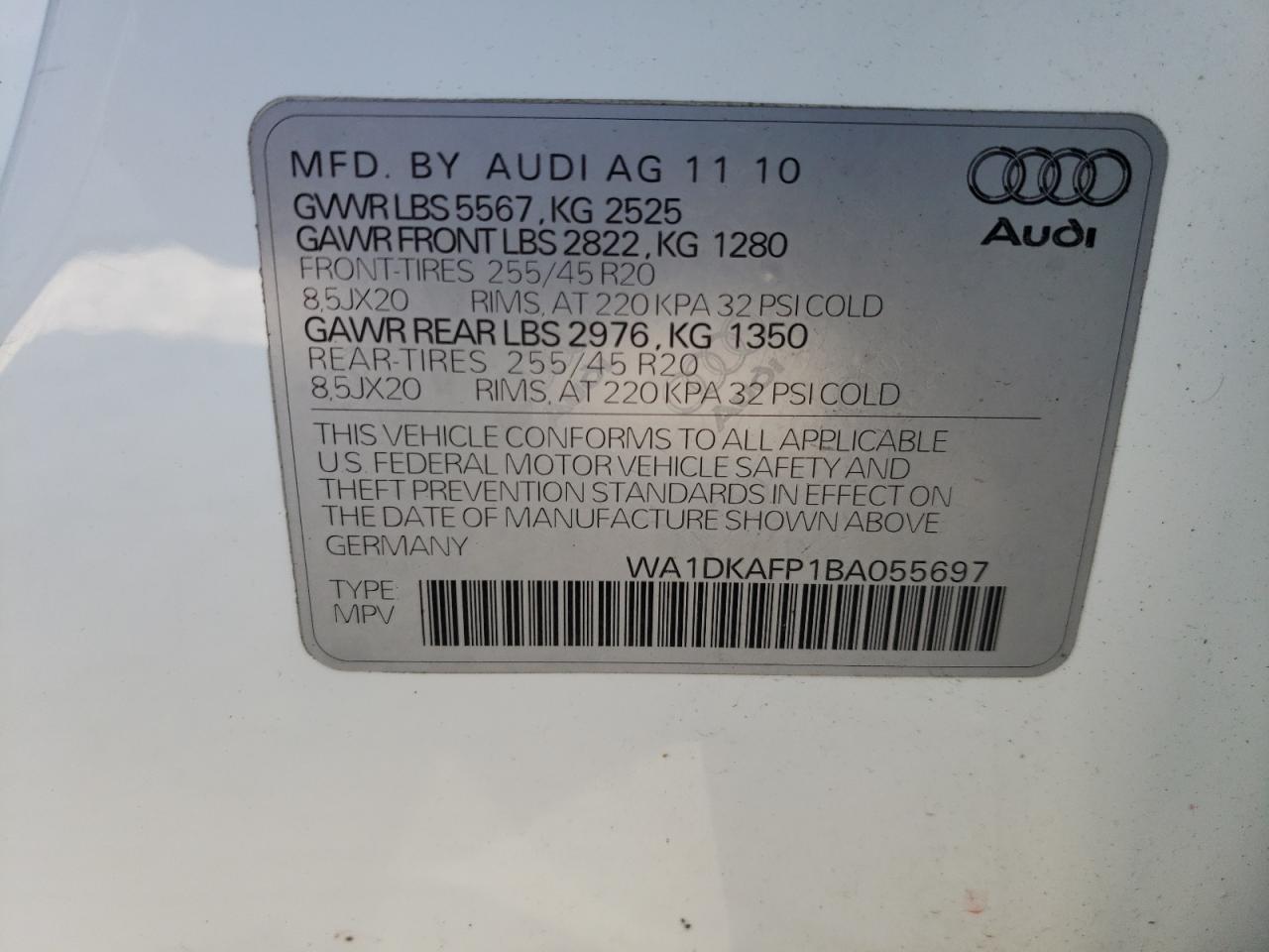 Photo 10 from auction – 2011 AUDI Q5 PREMIUM with VIN WA1DKAFP1BA055697