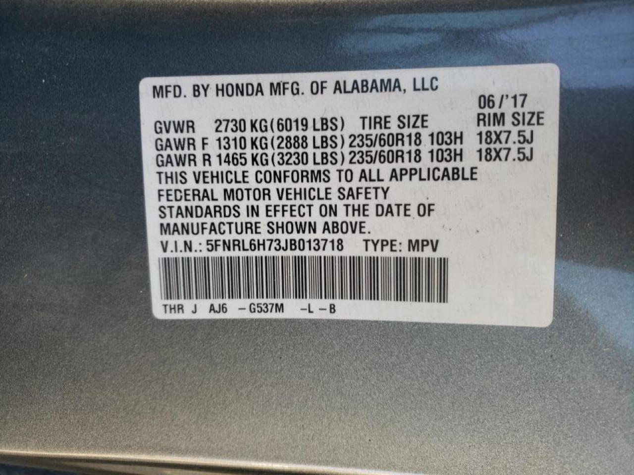 Photo 10 from auction – 2018 HONDA ODYSSEY EX with VIN 5FNRL6H73JB013718