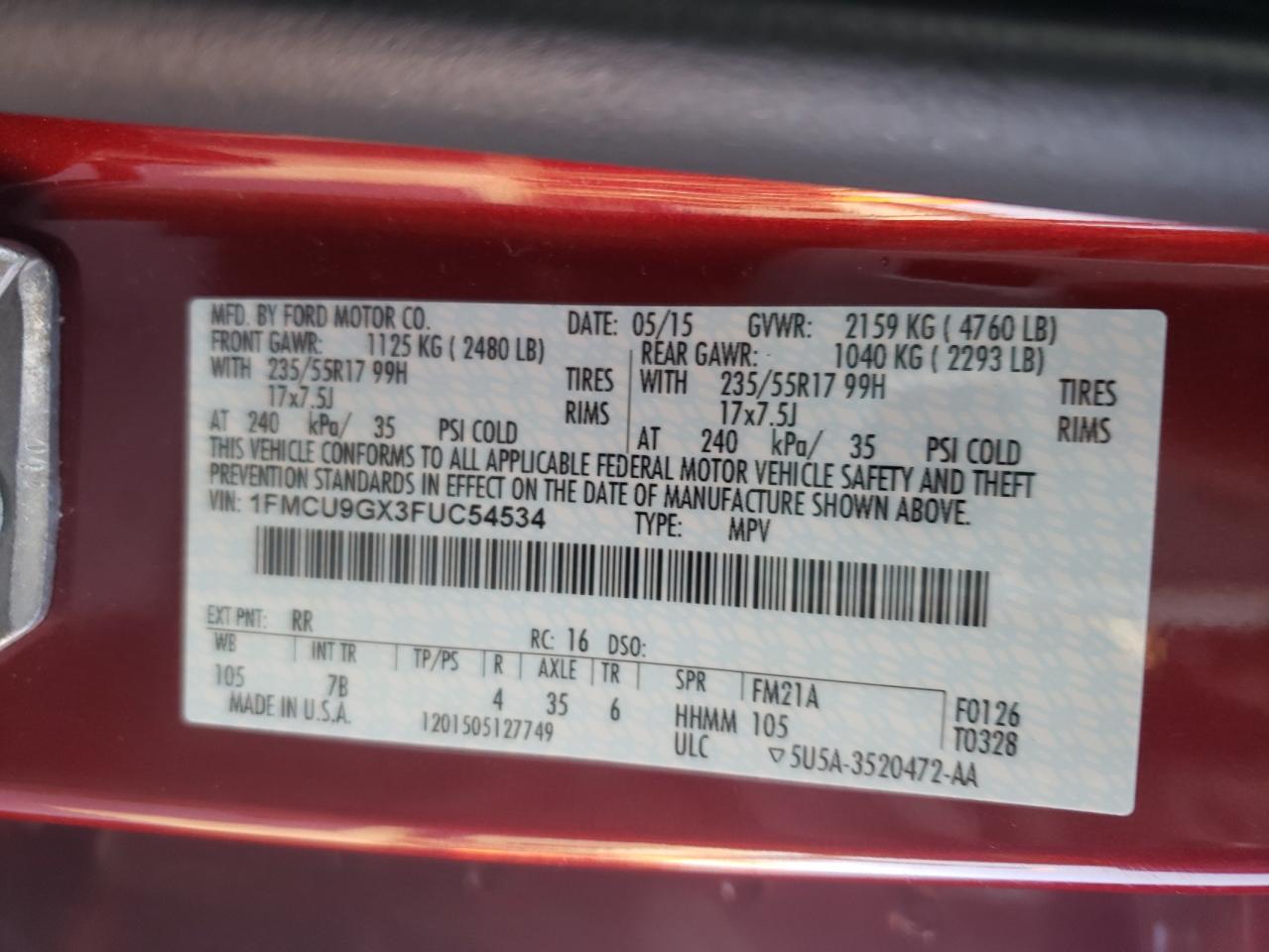 Photo 10 from auction – 2015 FORD ESCAPE SE with VIN 1FMCU9GX3FUC54534