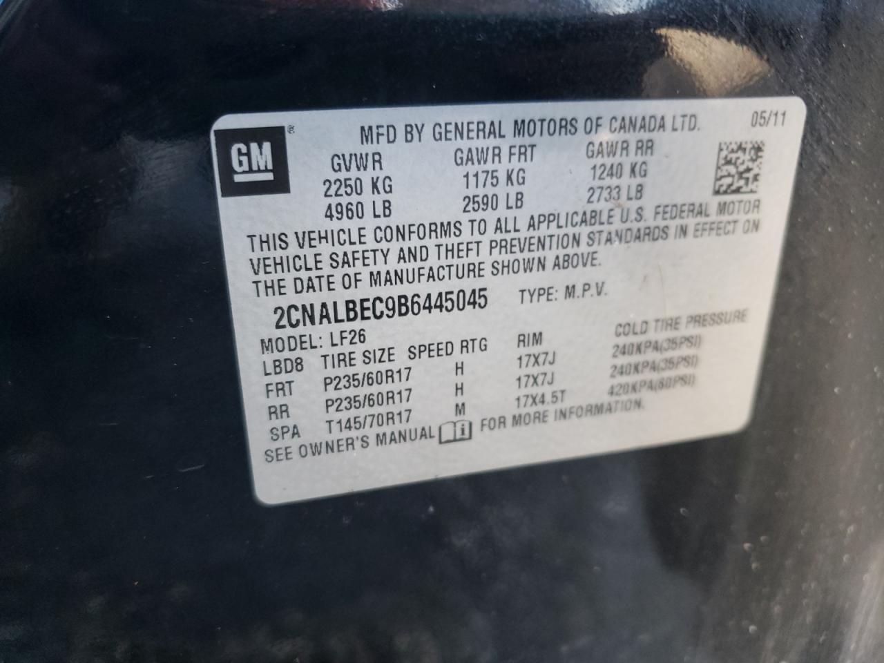 Photo 10 from auction – 2011 CHEVROLET EQUINOX LS with VIN 2CNALBEC9B6445045