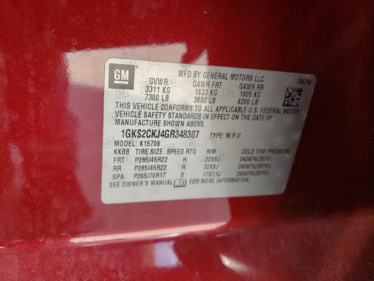 Photo 10 from auction – 2016 GMC YUKON DENA with VIN 1GKS2CKJ4GR348307