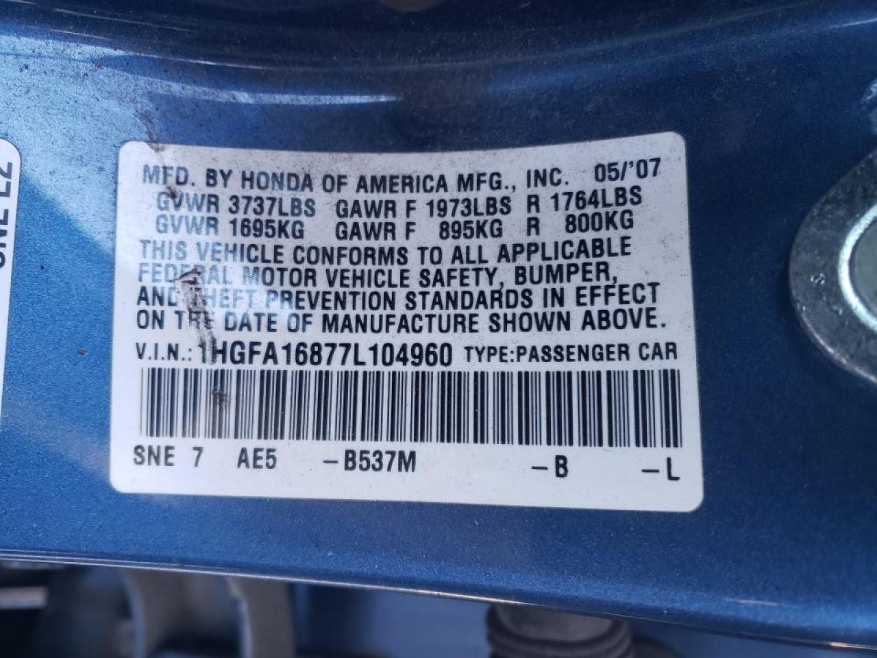 Photo 10 from auction – 2007 HONDA CIVIC EX with VIN 1HGFA16877L104960