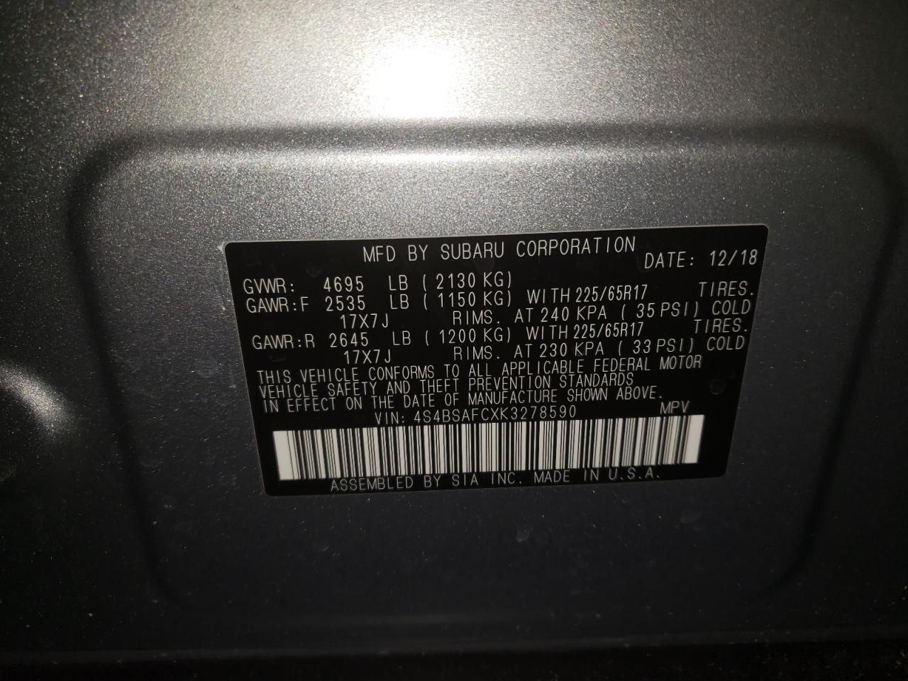 Photo 10 from auction – 2019 SUBARU OUTBACK 2. with VIN 4S4BSAFCXK3278590