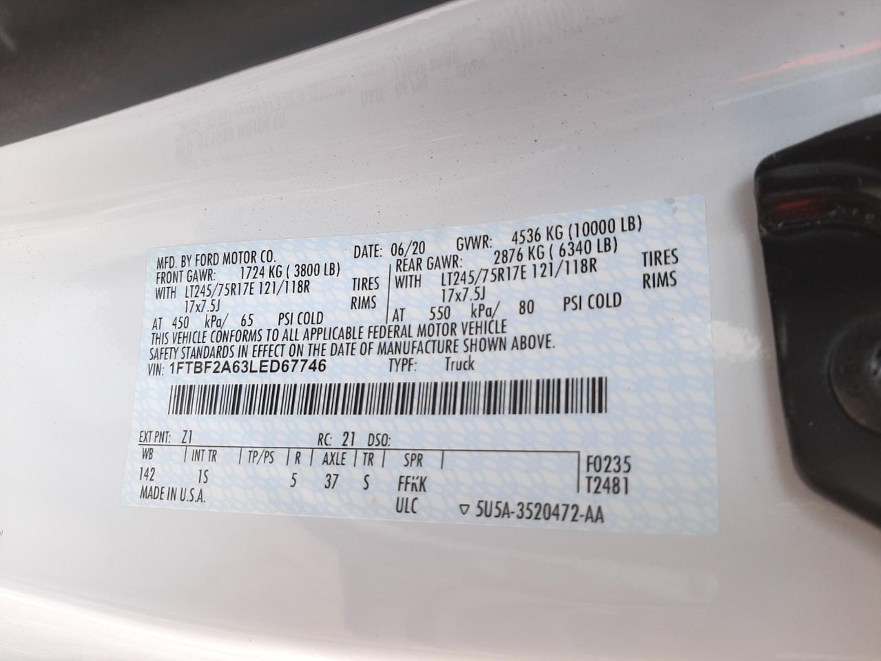 Photo 10 from auction – 2020 FORD F250 SUPER with VIN 1FTBF2A63LED67746