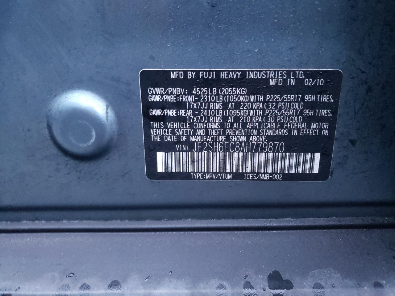 Photo 10 from auction – 2010 SUBARU FORESTER 2 with VIN JF2SH6FC8AH779870
