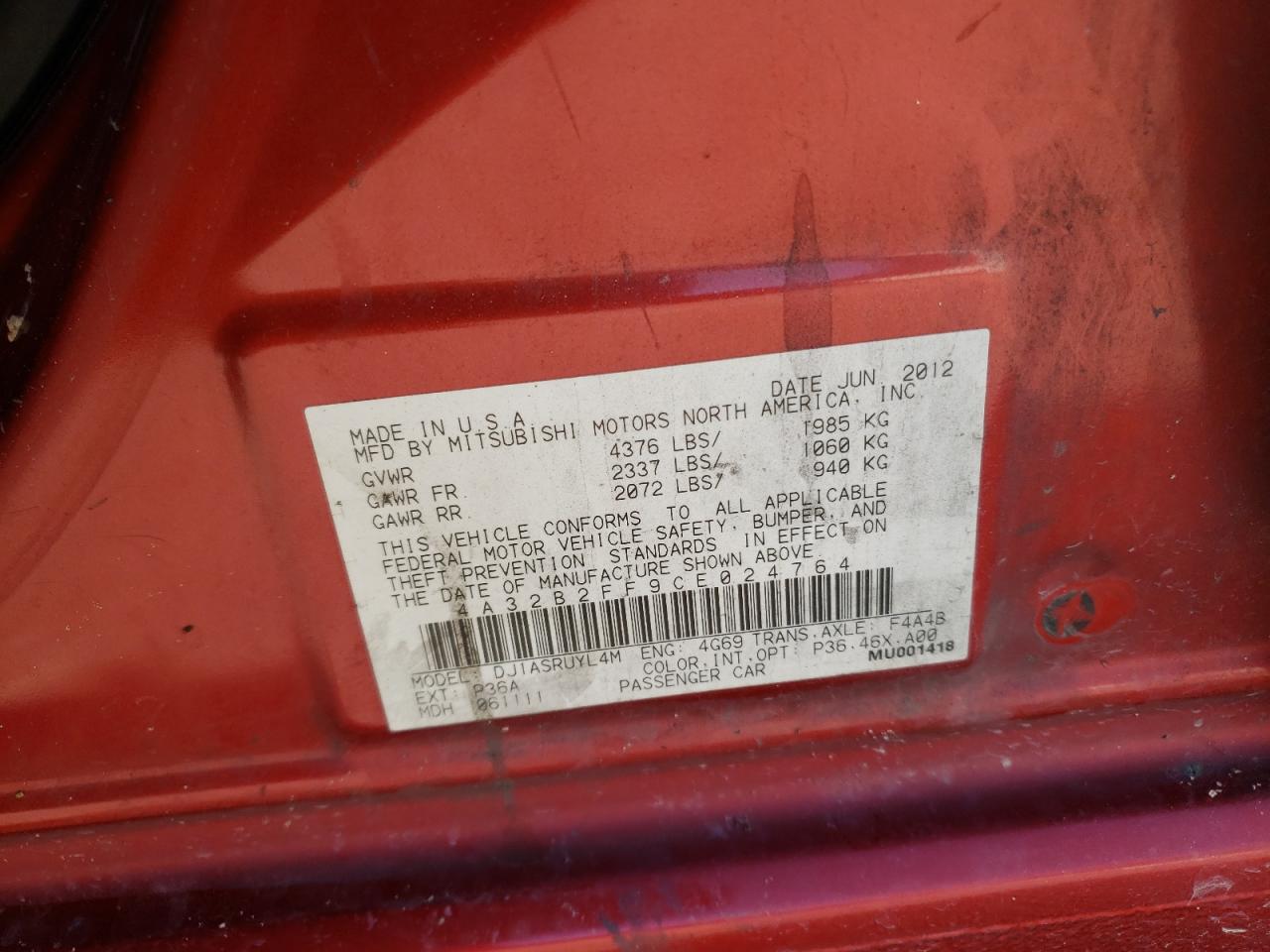 Photo 10 from auction – 2012 MITSUBISHI GALANT FE with VIN 4A32B2FF9CE024764