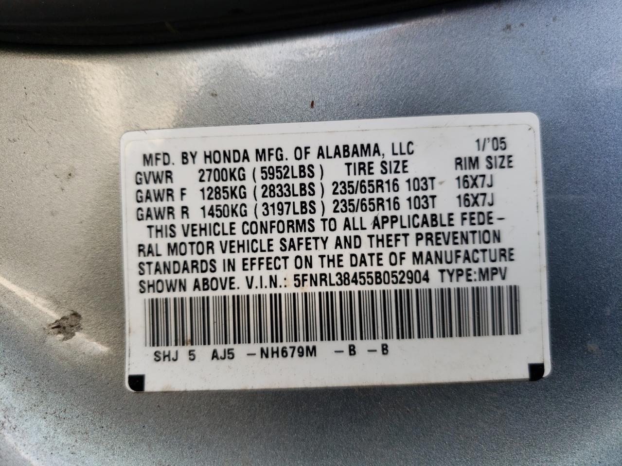 Photo 10 from auction – 2005 HONDA ODYSSEY EX with VIN 5FNRL38455B052904