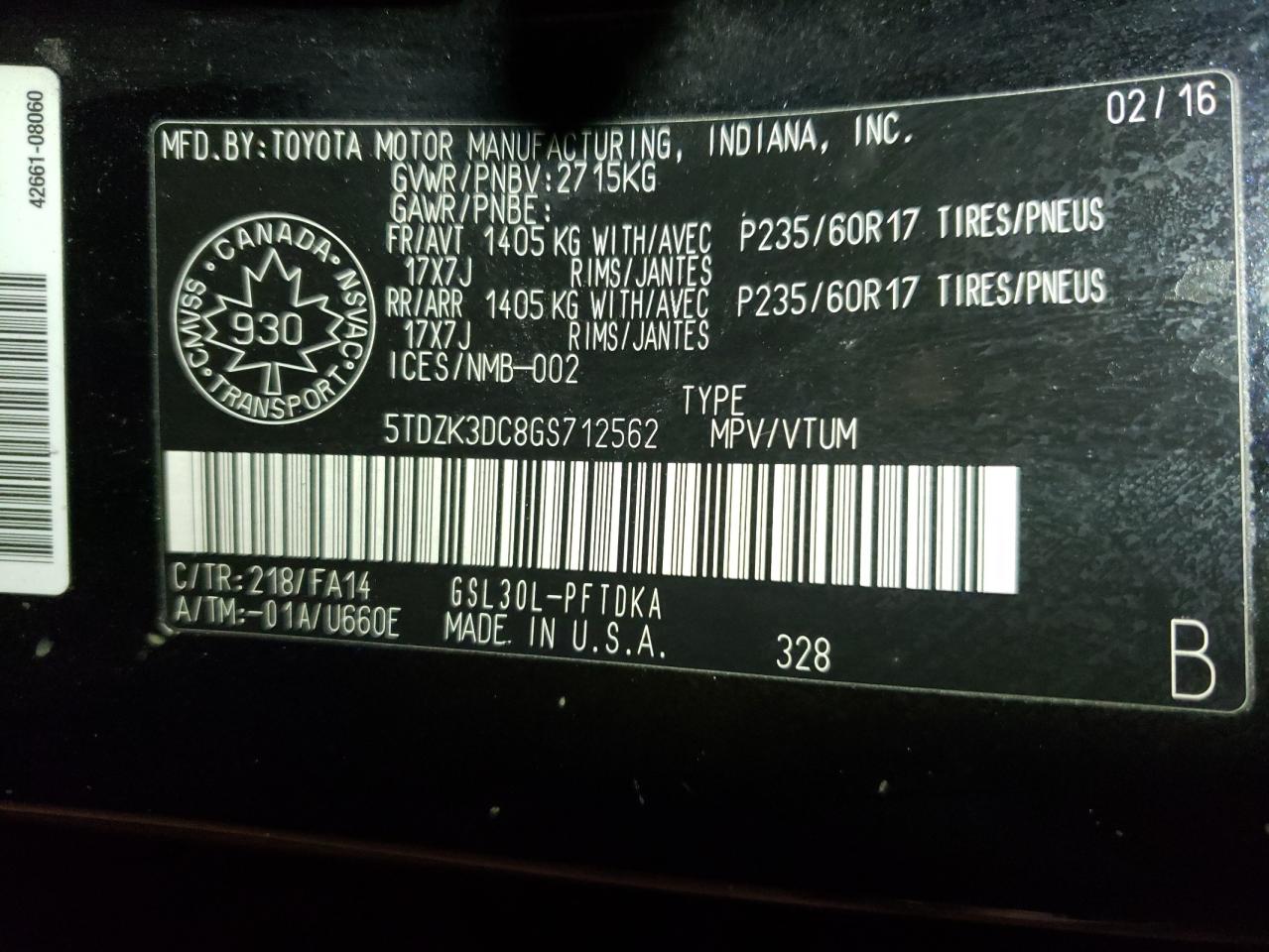 Photo 10 from auction – 2016 TOYOTA SIENNA with VIN 5TDZK3DC8GS712562