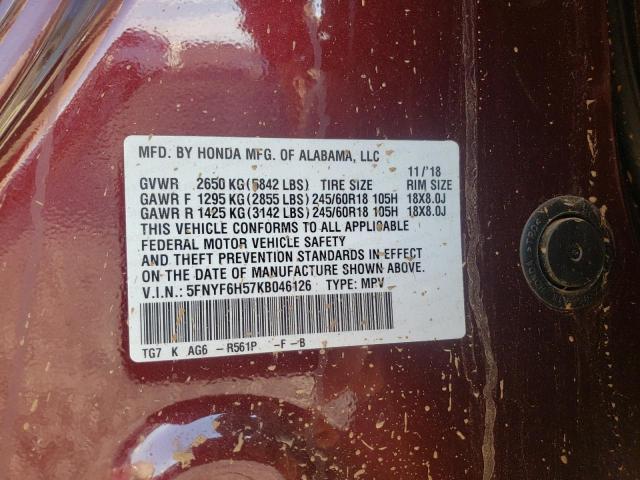 Photo 10 from auction – 2019 HONDA PILOT EXL with VIN 5FNYF6H57KB046126