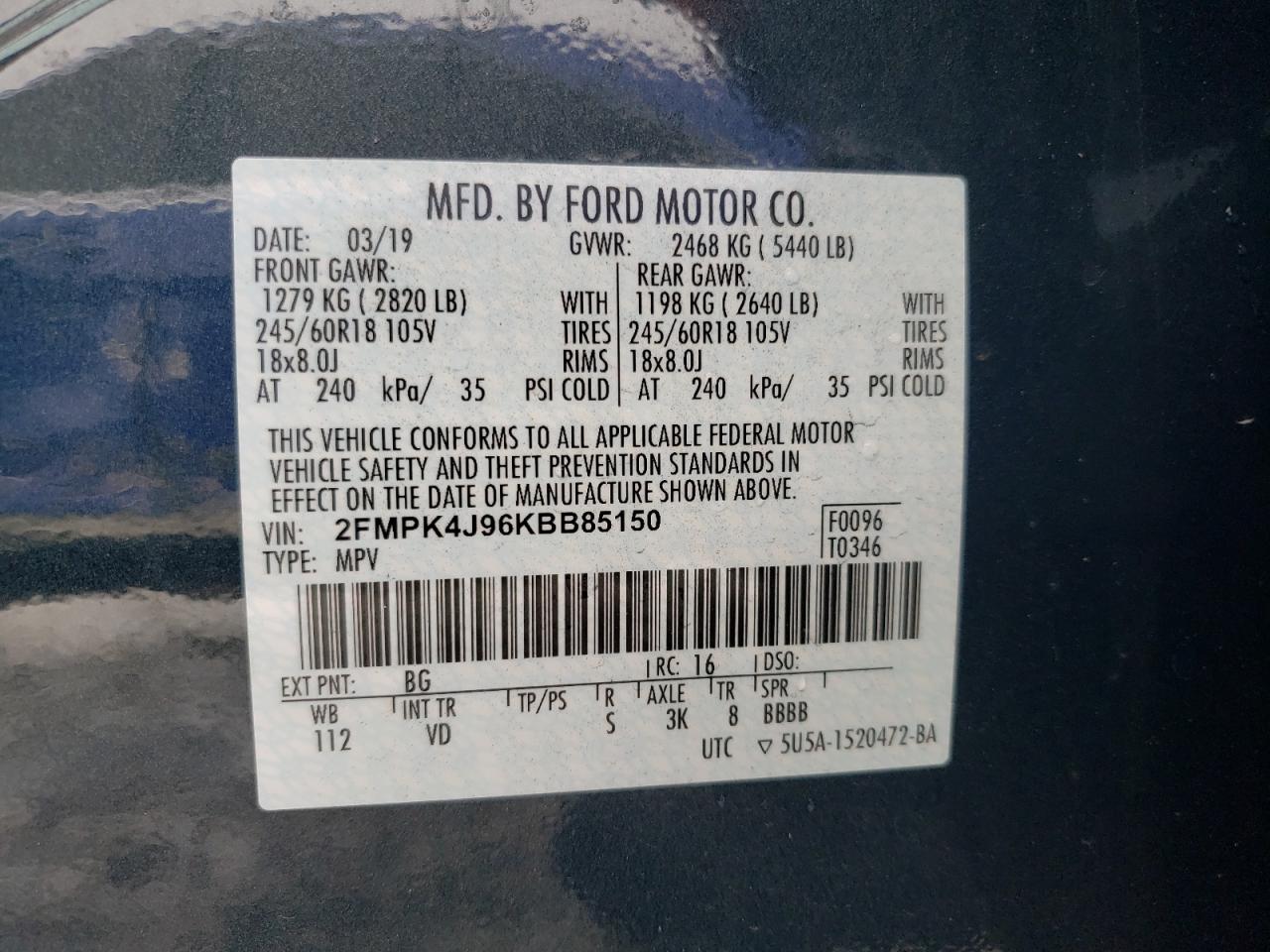 Photo 10 from auction – 2019 FORD EDGE SEL with VIN 2FMPK4J96KBB85150