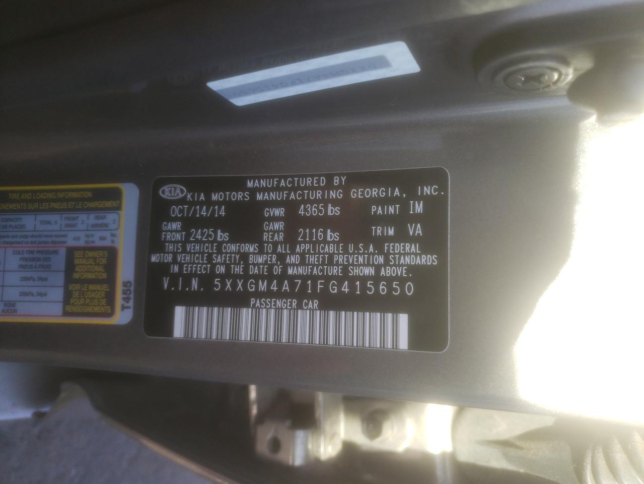 Photo 10 from auction – 2015 KIA OPTIMA LX with VIN 5XXGM4A71FG415650