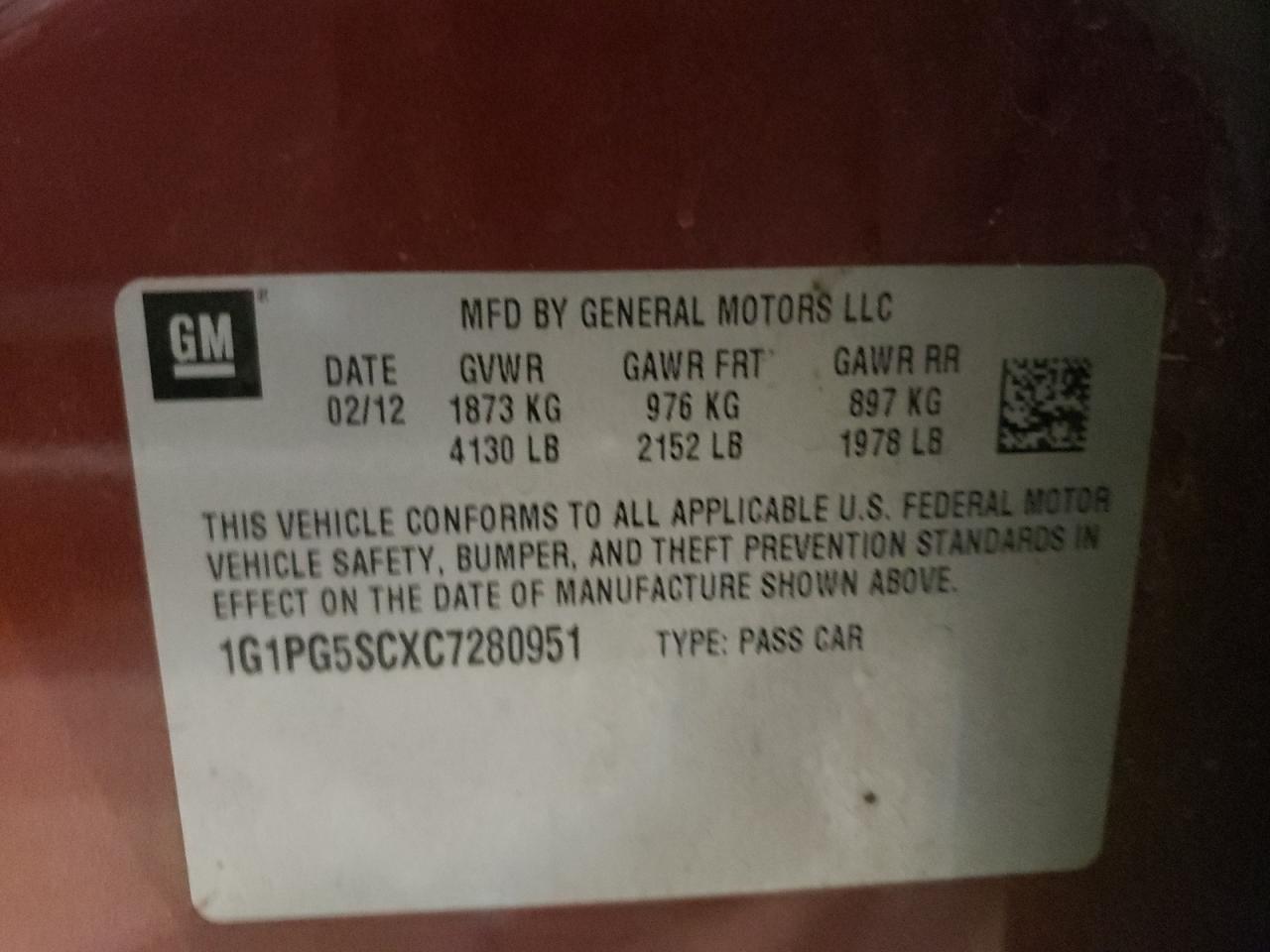 Photo 10 from auction – 2012 CHEVROLET CRUZE LT with VIN 1G1PG5SCXC7280951