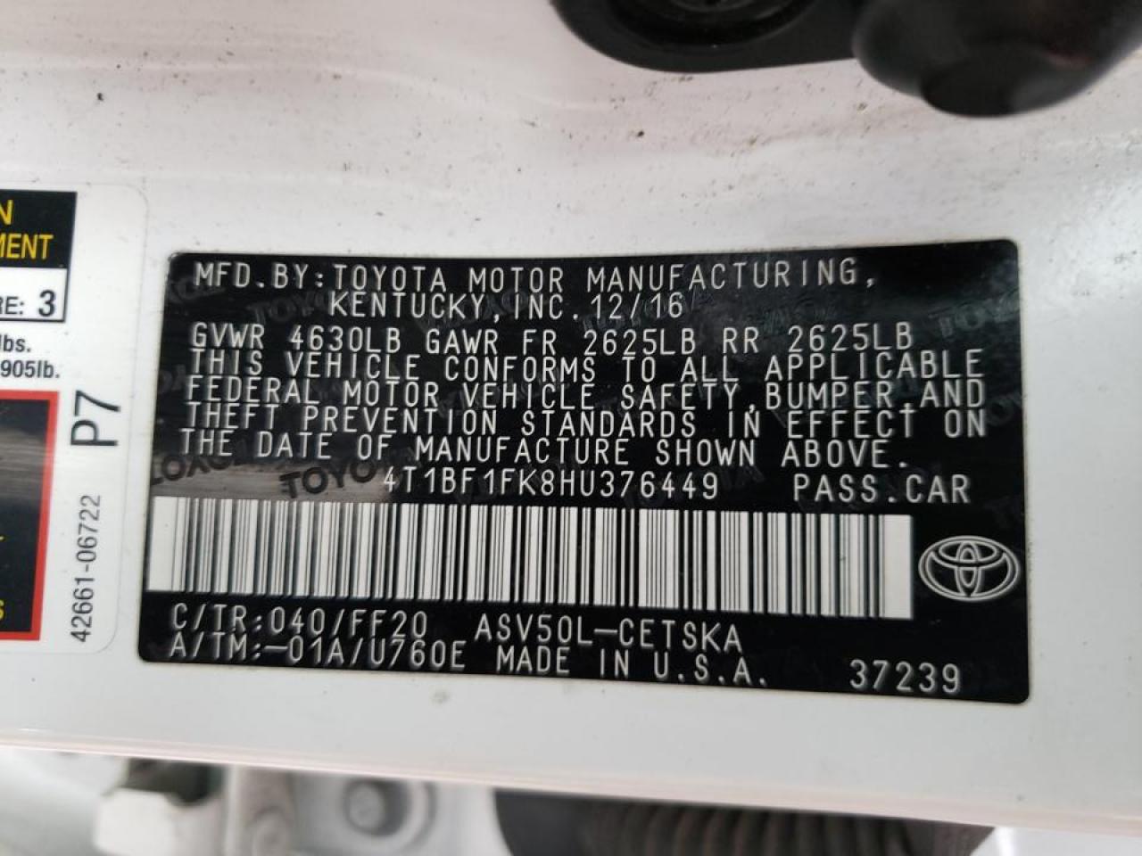 Photo 10 from auction – 2017 TOYOTA CAMRY LE with VIN 4T1BF1FK8HU376449
