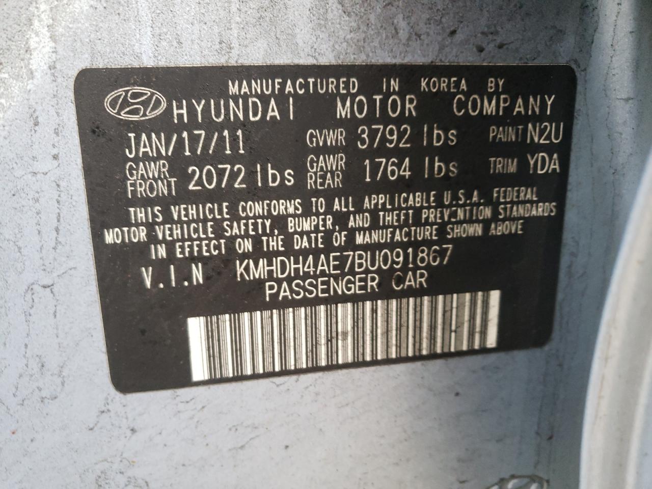Photo 10 from auction – 2011 HYUNDAI ELANTRA GL with VIN KMHDH4AE7BU091867