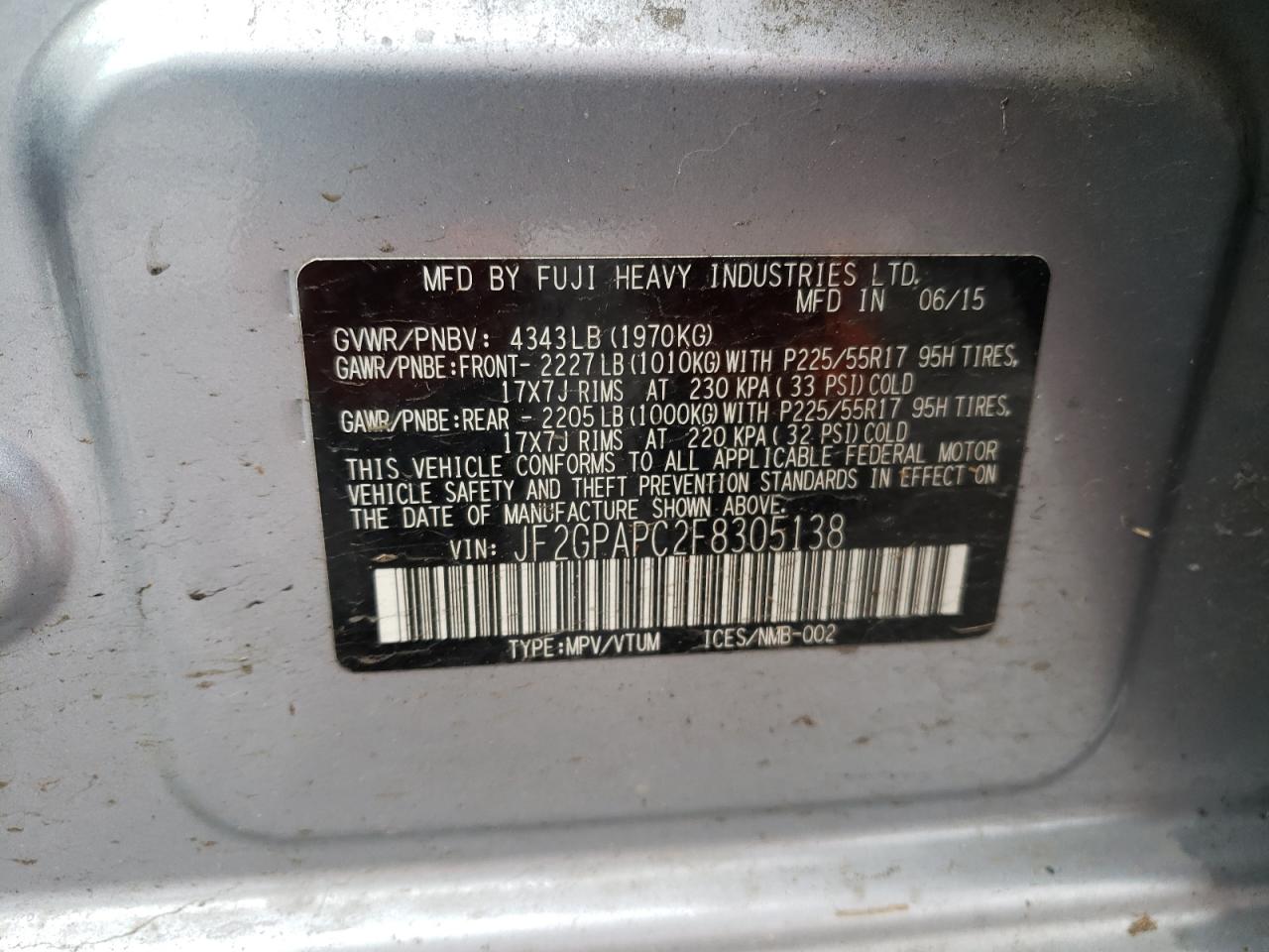 Photo 10 from auction – 2015 SUBARU XV CROSSTR with VIN JF2GPAPC2F8305138