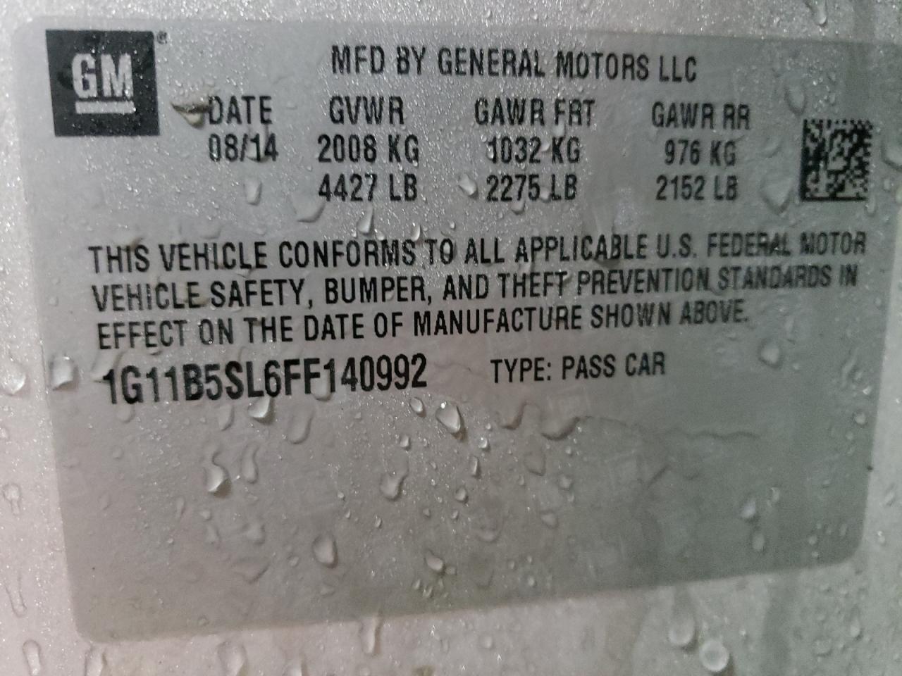Zdjęcie 10 z aukcji – 2015 CHEVROLET MALIBU LS z VIN 1G11B5SL6FF140992