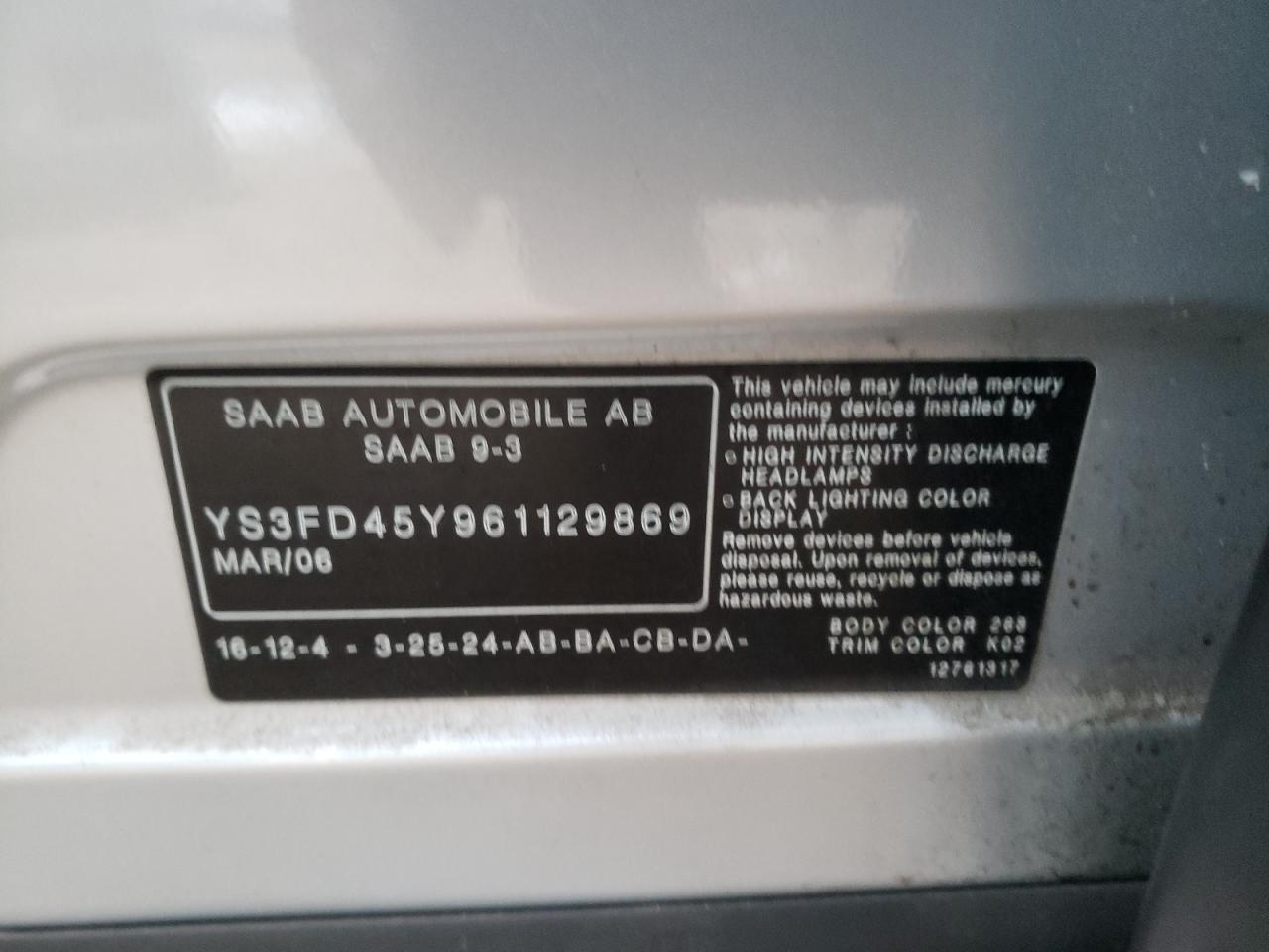 Photo 10 from auction – 2006 SAAB 9-3 with VIN YS3FD45Y961129869