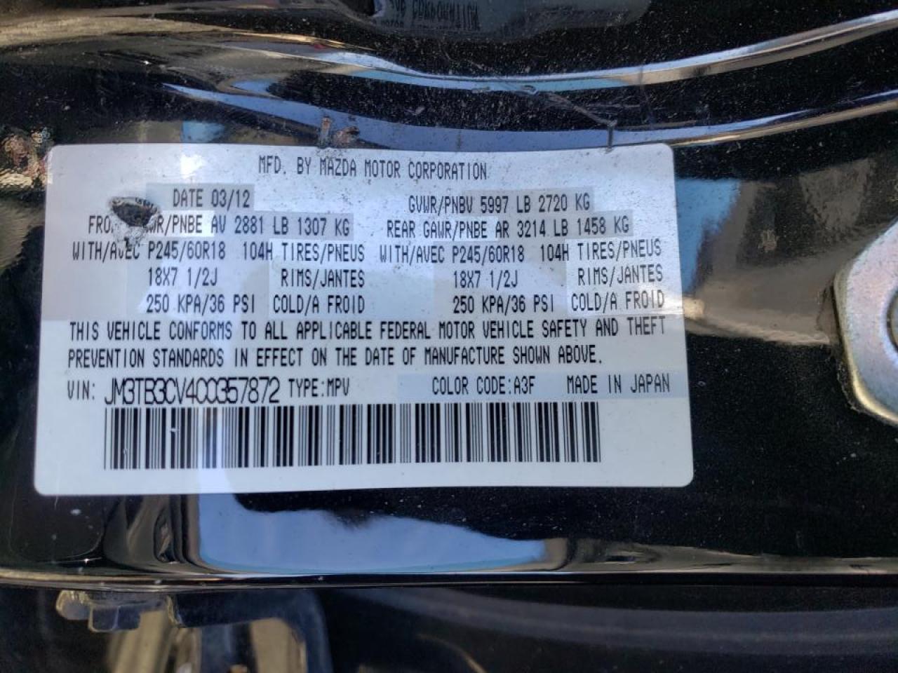 Photo 10 from auction – 2012 MAZDA CX-9 with VIN JM3TB3CV4C0357872