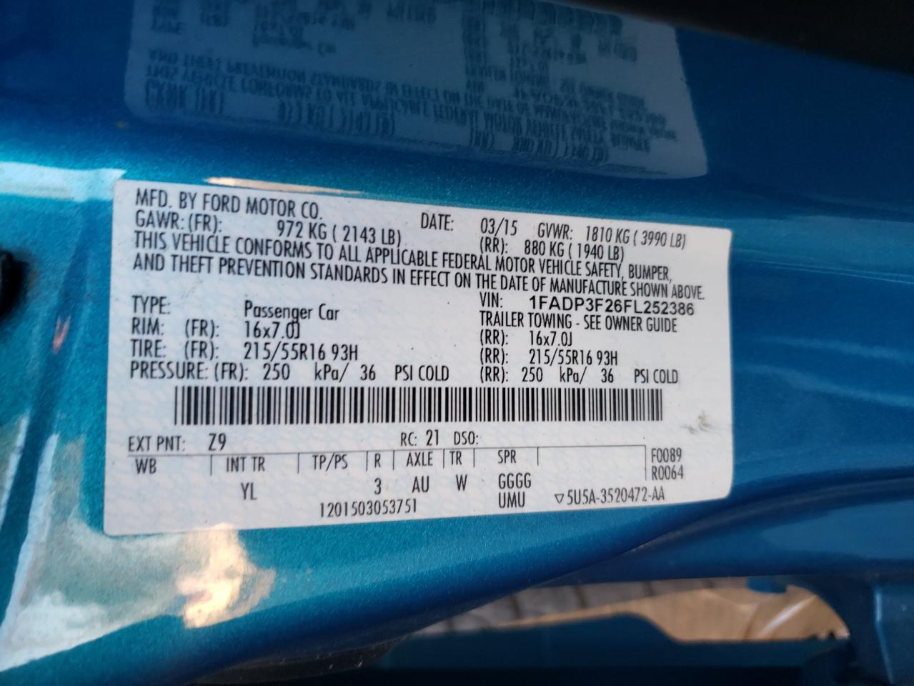 Photo 10 from auction – 2015 FORD FOCUS SE with VIN 1FADP3F26FL252386