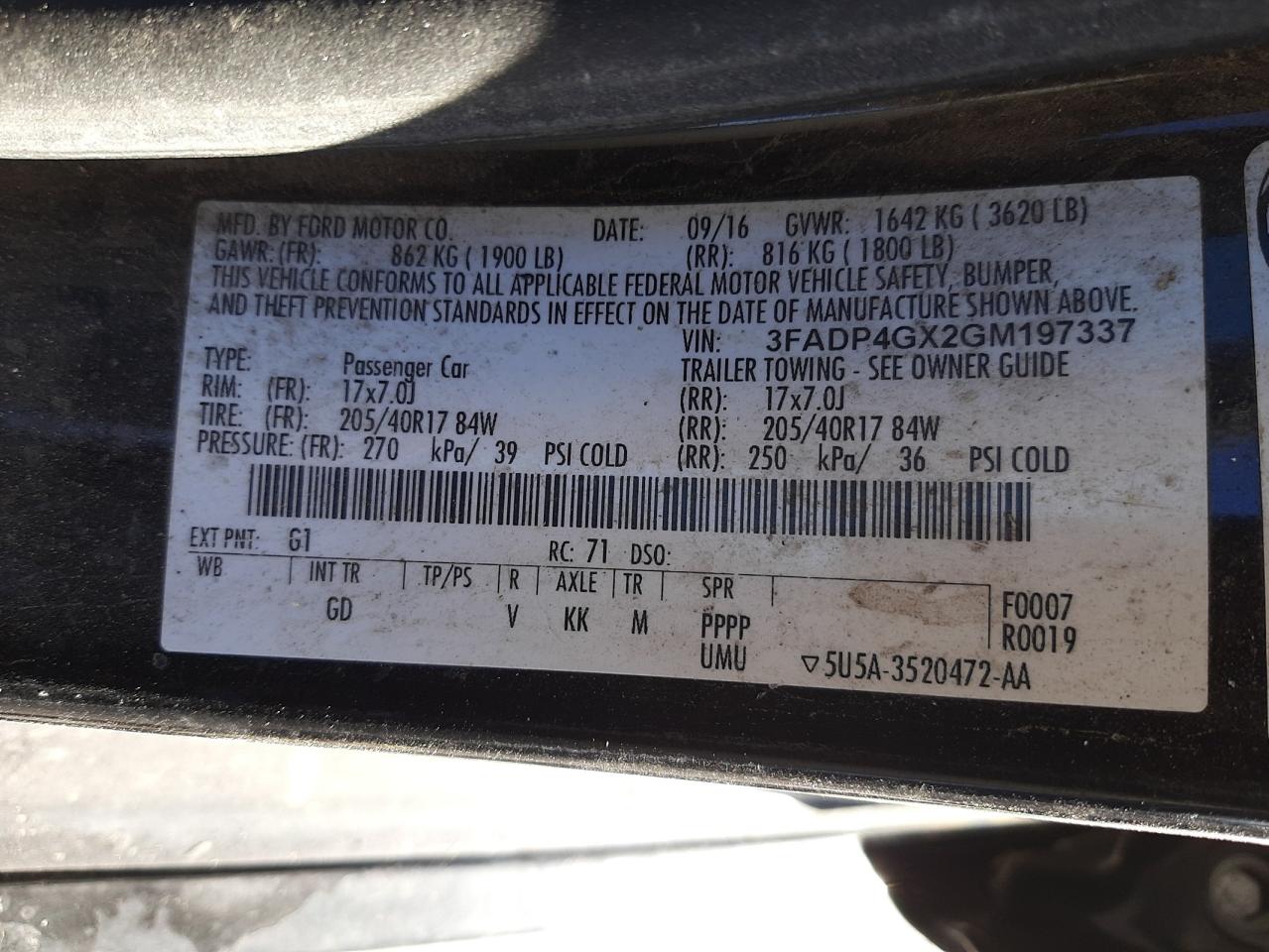 Photo 10 from auction – 2016 FORD FIESTA ST with VIN 3FADP4GX2GM197337