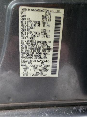 Photo 10 from auction – 2007 NISSAN PATHFINDER with VIN 5N1AR18U57C625540
