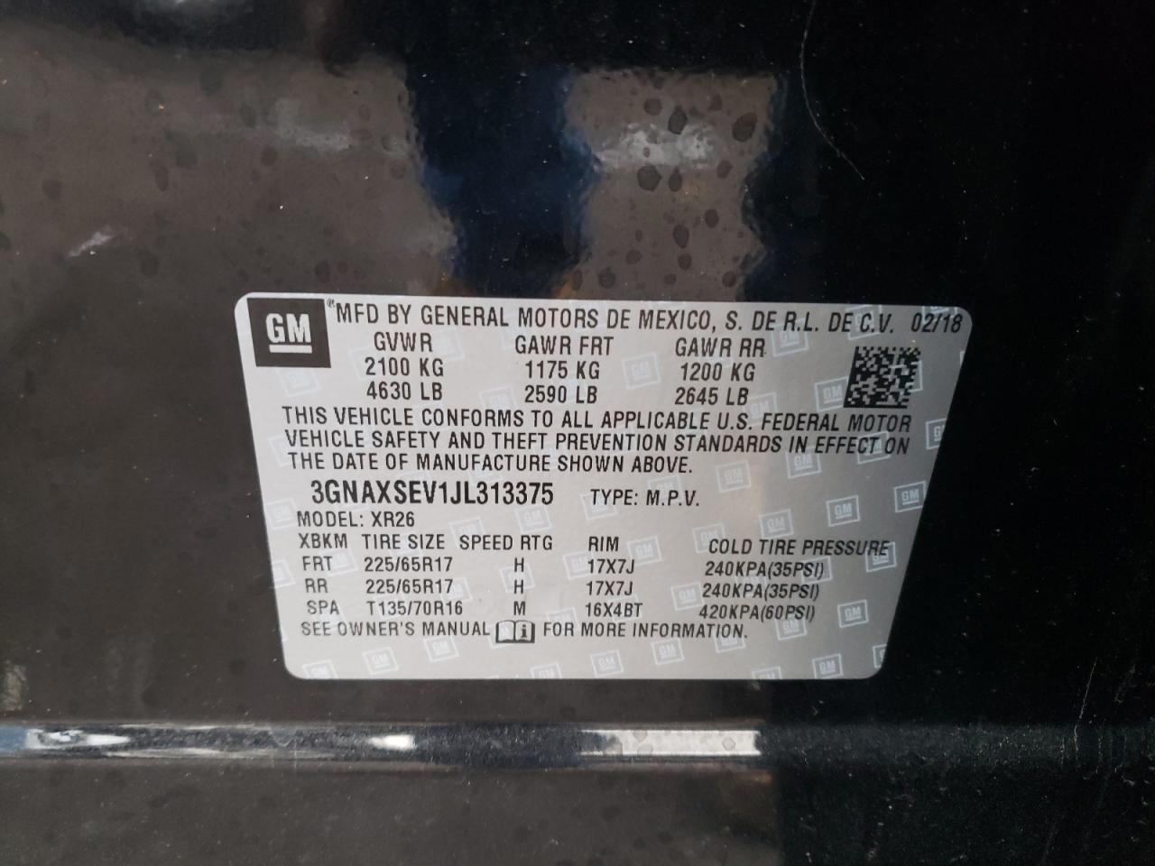 Photo 10 from auction – 2018 CHEVROLET EQUINOX LT with VIN 3GNAXSEV1JL313375