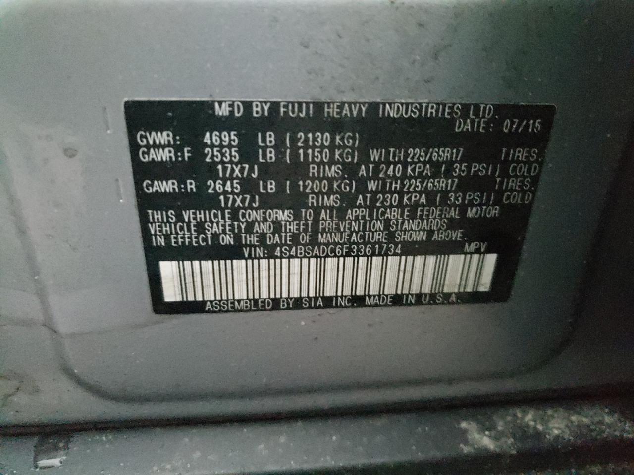 Photo 10 from auction – 2015 SUBARU OUTBACK 2. with VIN 4S4BSADC6F3361734
