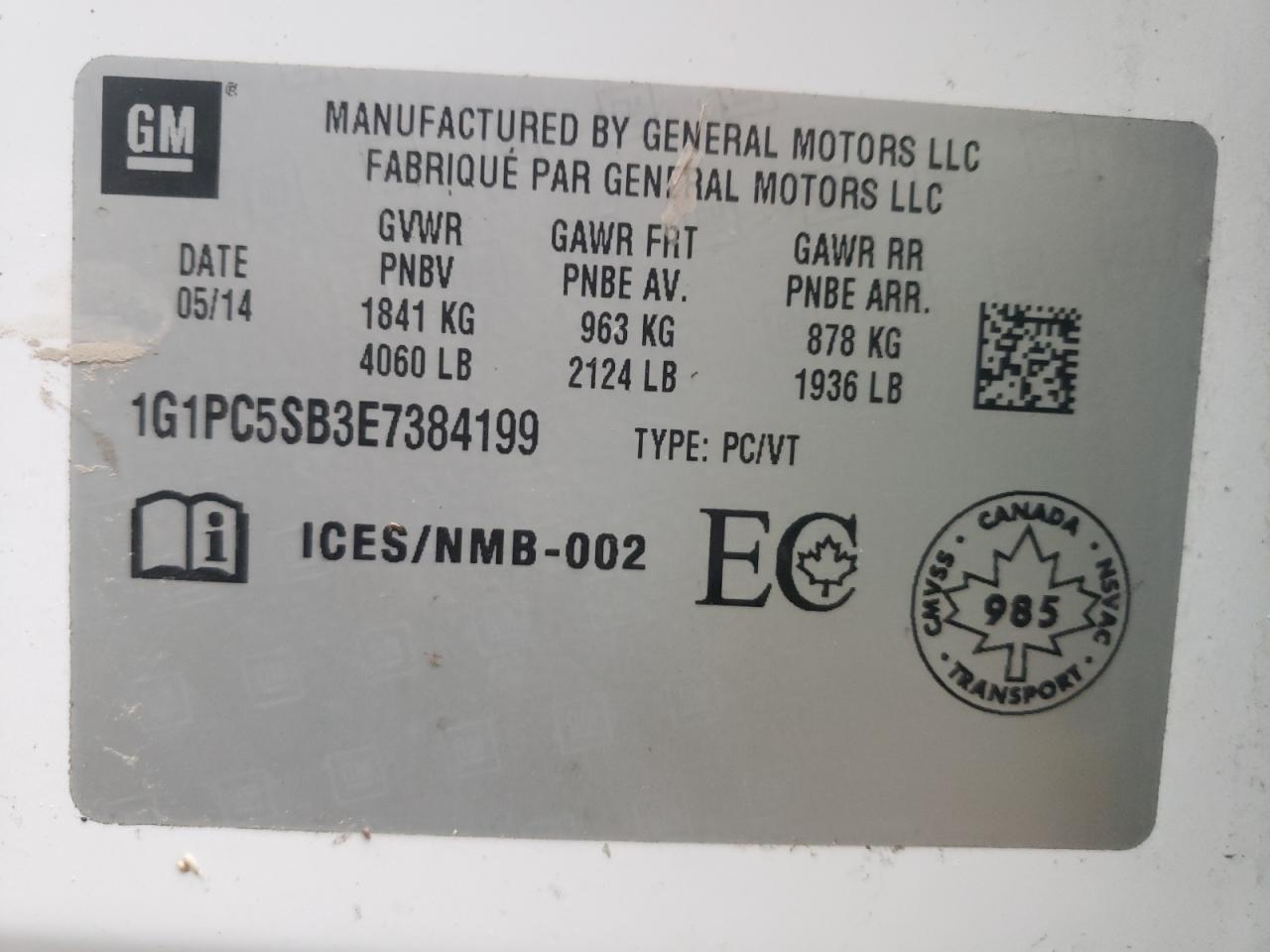 Photo 10 from auction – 2014 CHEVROLET CRUZE LT with VIN 1G1PC5SB3E7384199