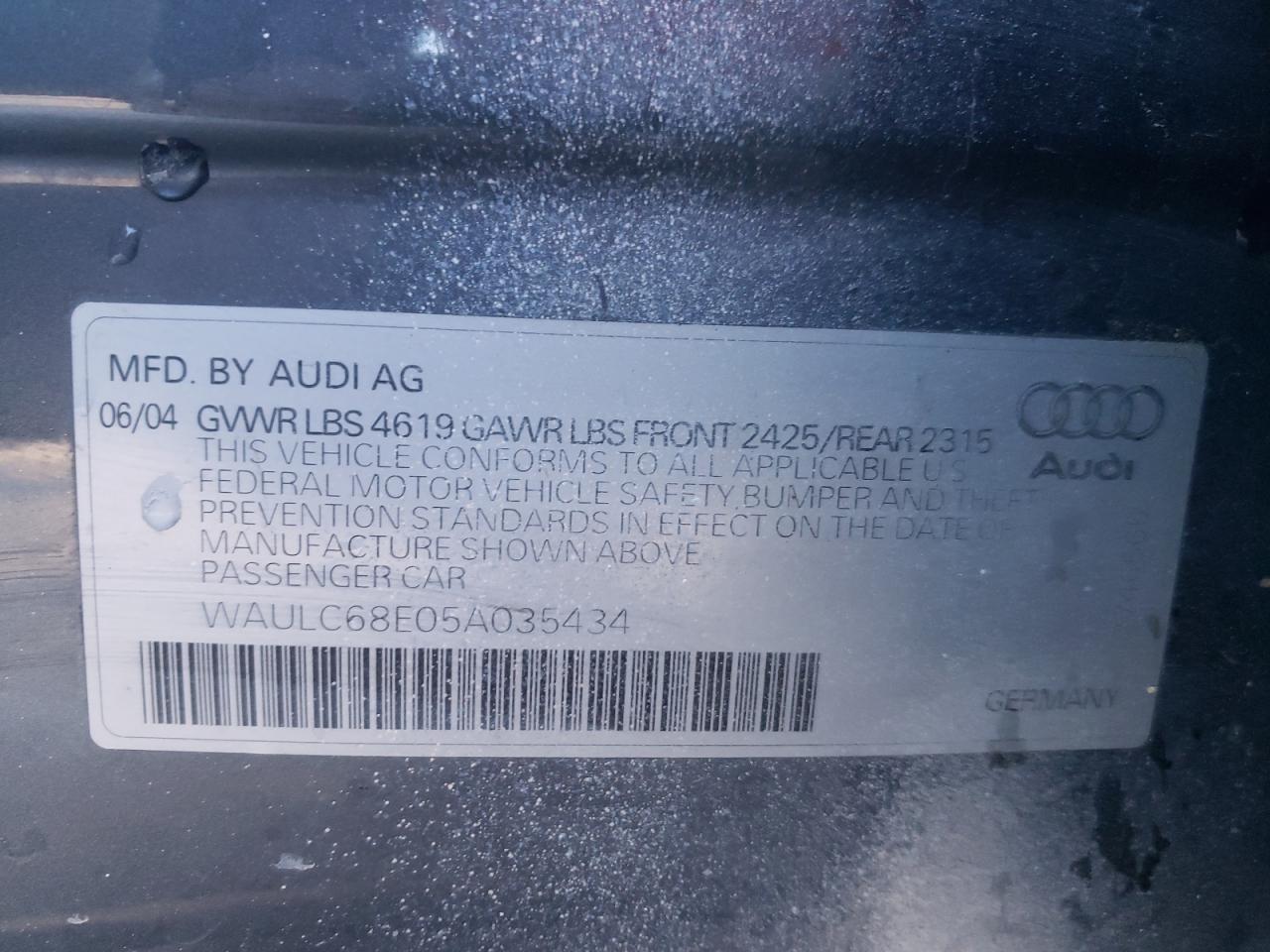 Photo 10 from auction – 2005 AUDI A4 1.8T QU with VIN WAULC68E05A035434