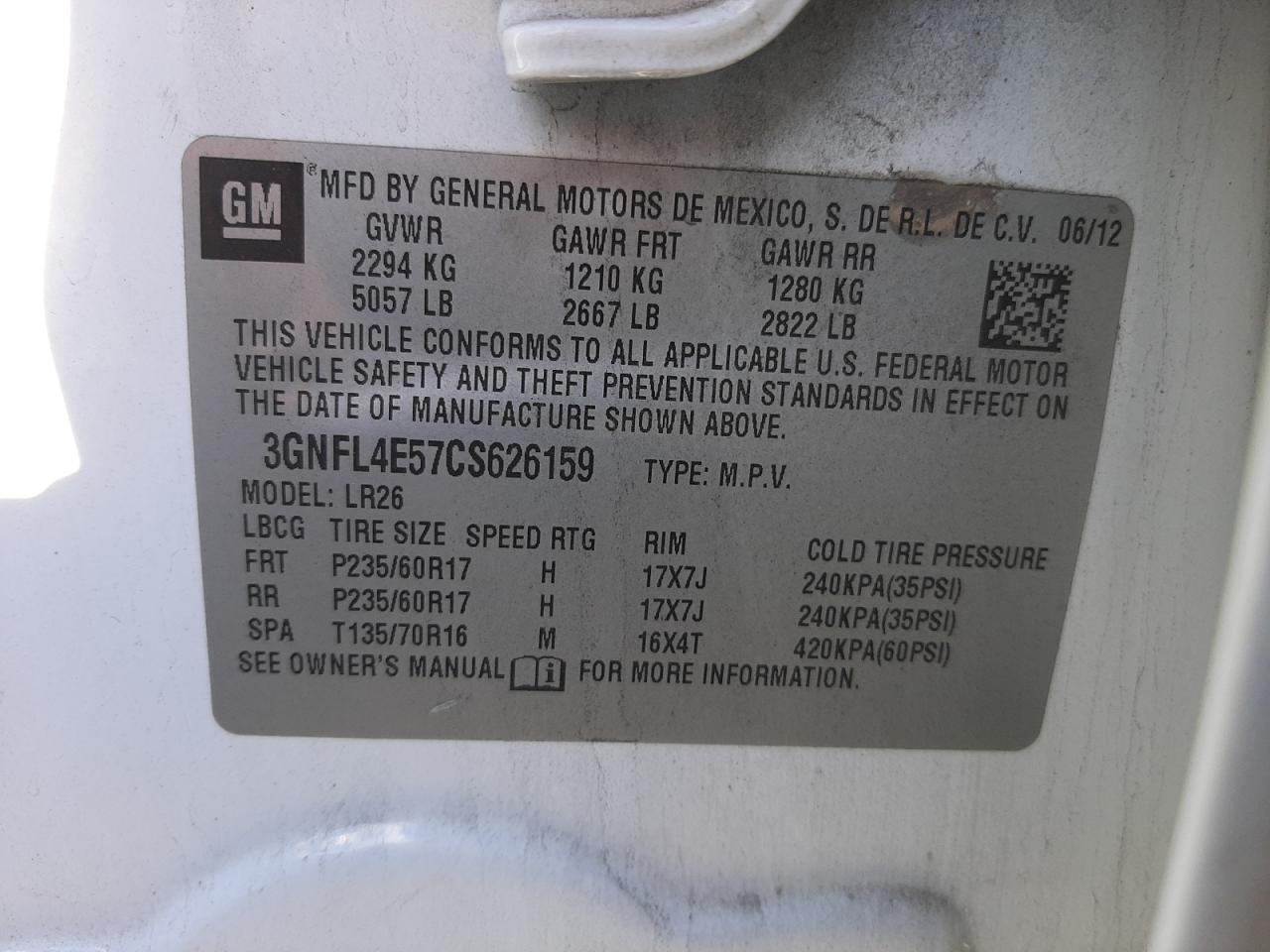 Photo 10 from auction – 2012 CHEVROLET CAPTIVA SP with VIN 3GNFL4E57CS626159