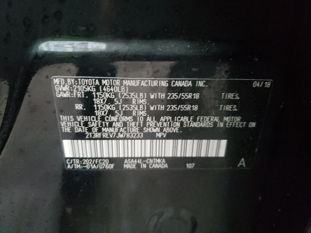 Photo 10 from auction – 2018 TOYOTA RAV4 ADVEN with VIN 2T3RFREV7JW783233