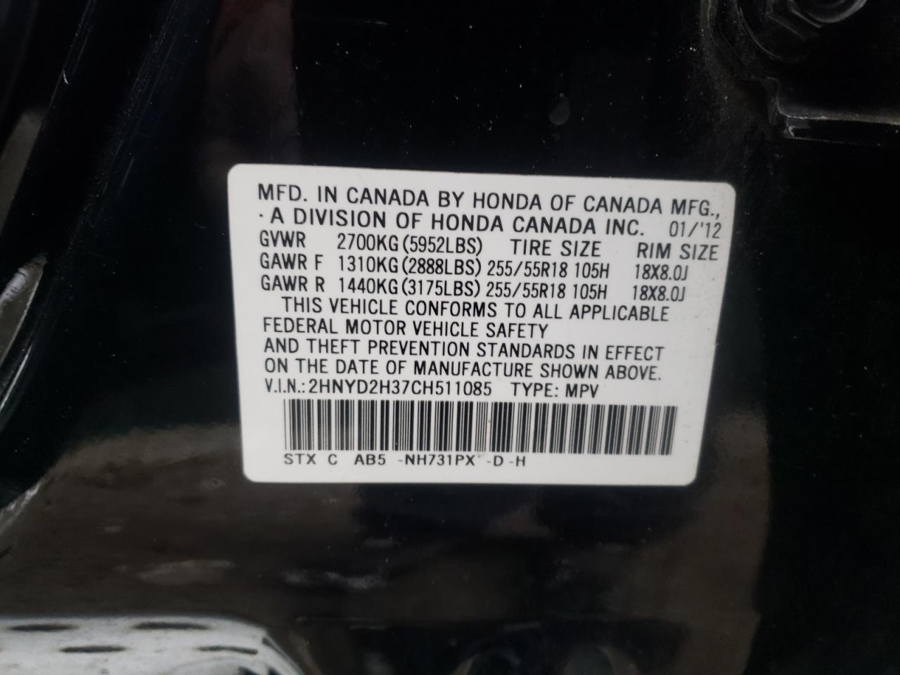 Photo 10 from auction – 2012 ACURA MDX TECHNO with VIN 2HNYD2H37CH511085