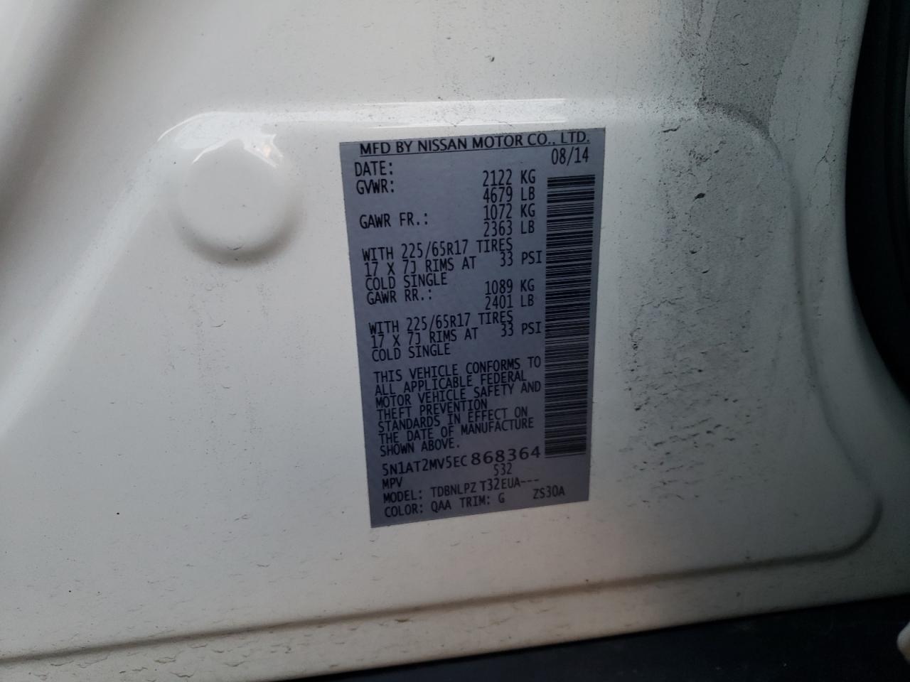 Photo 10 from auction – 2014 NISSAN ROGUE S with VIN 5N1AT2MV5EC868364