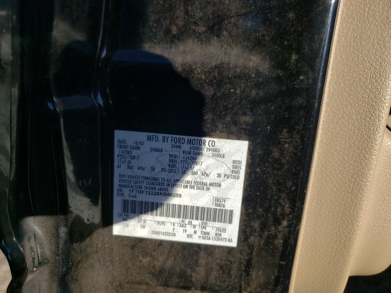Photo 10 from auction – 2008 FORD F150 with VIN 1FTRF12228KB88255