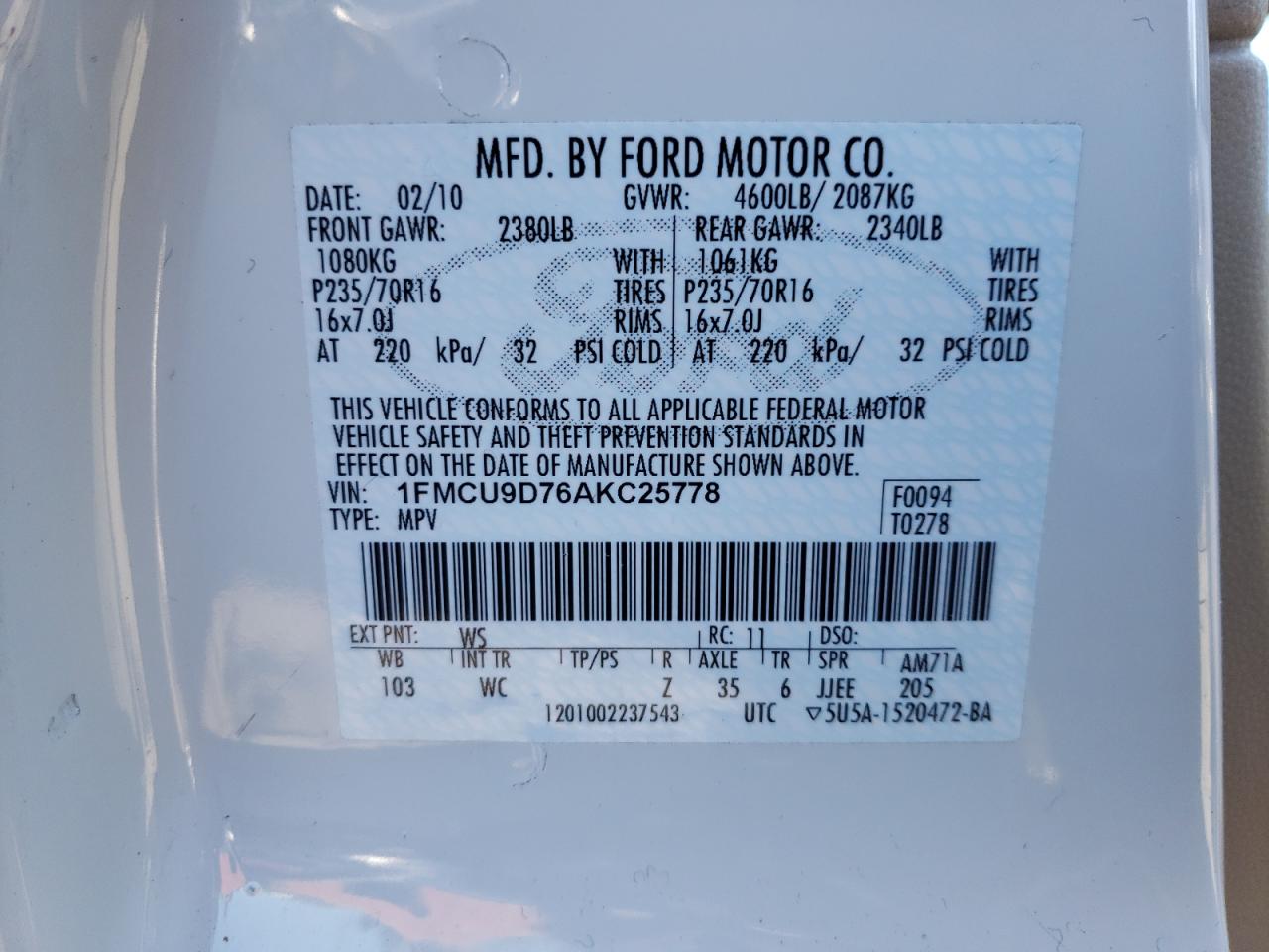 Photo 10 from auction – 2010 FORD ESCAPE XLT with VIN 1FMCU9D76AKC25778