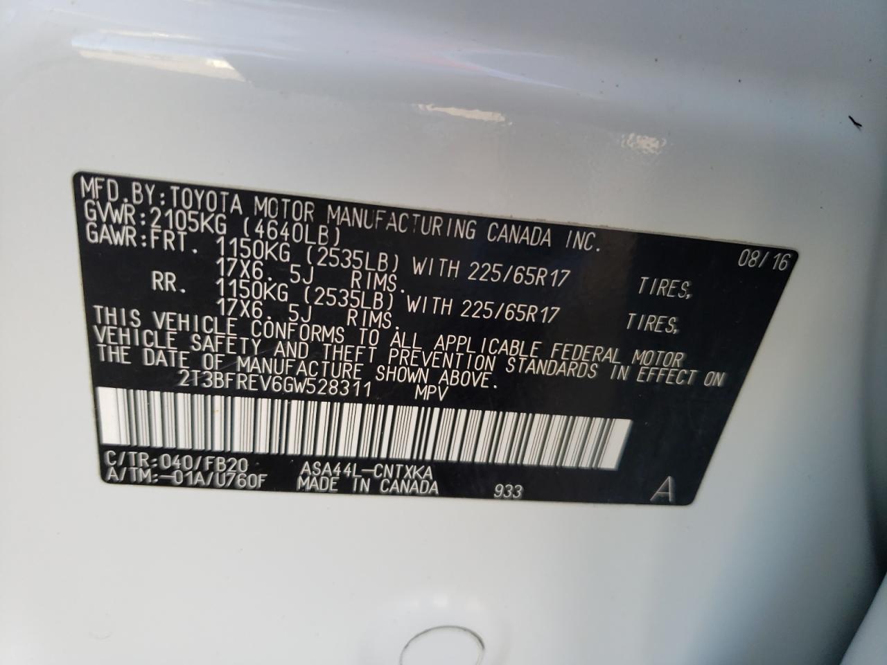 Photo 10 from auction – 2016 TOYOTA RAV4 LE with VIN 2T3BFREV6GW528311