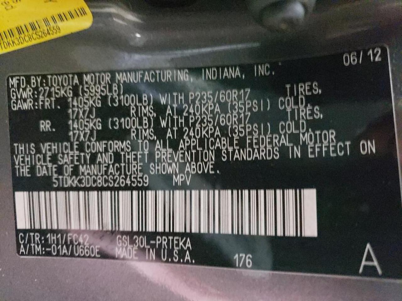 Photo 10 from auction – 2012 TOYOTA SIENNA LE with VIN 5TDKK3DC8CS264559